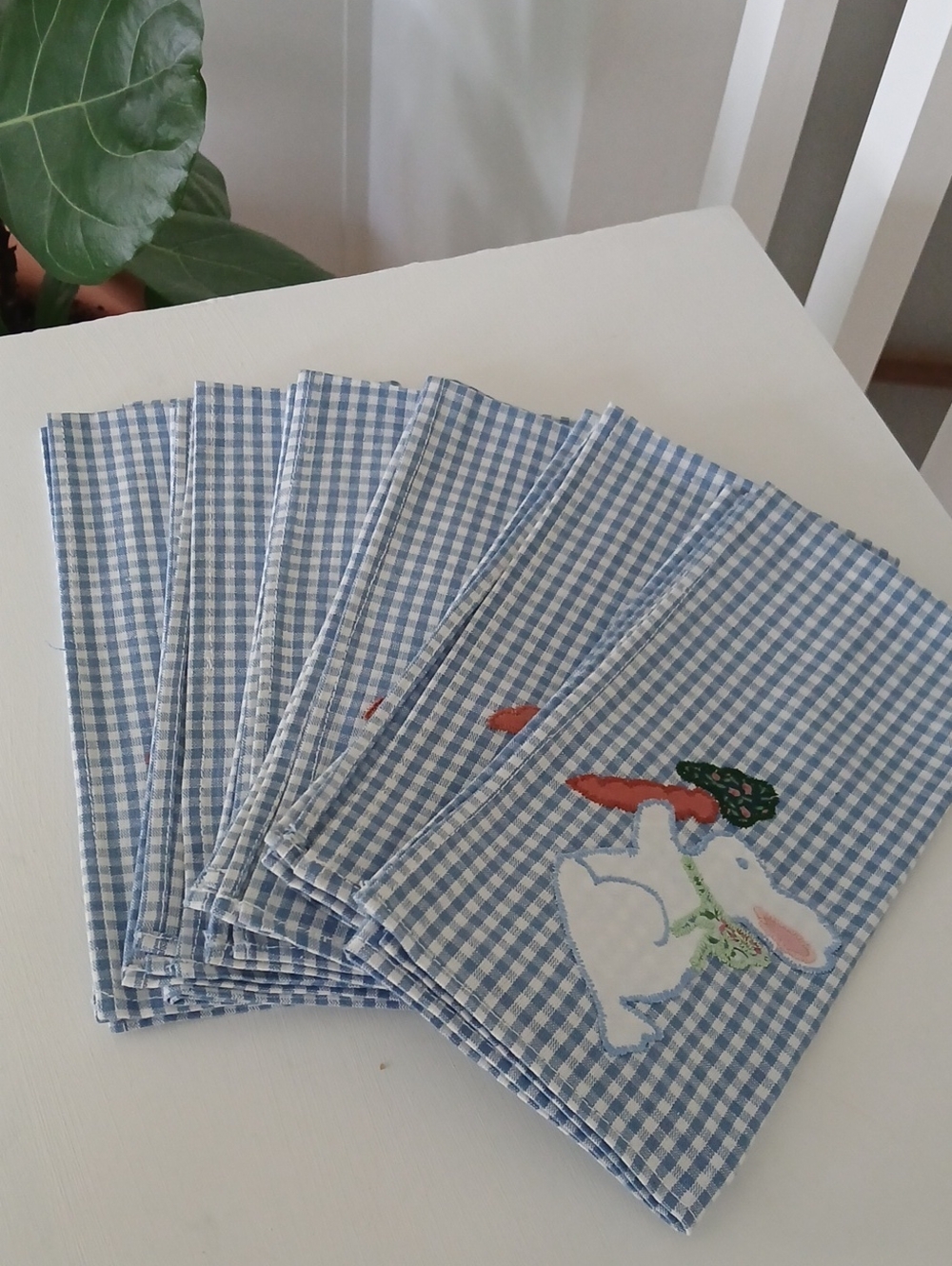 Blue Gingham Bunny Carrot Napkins 100% Cotton 18x18"